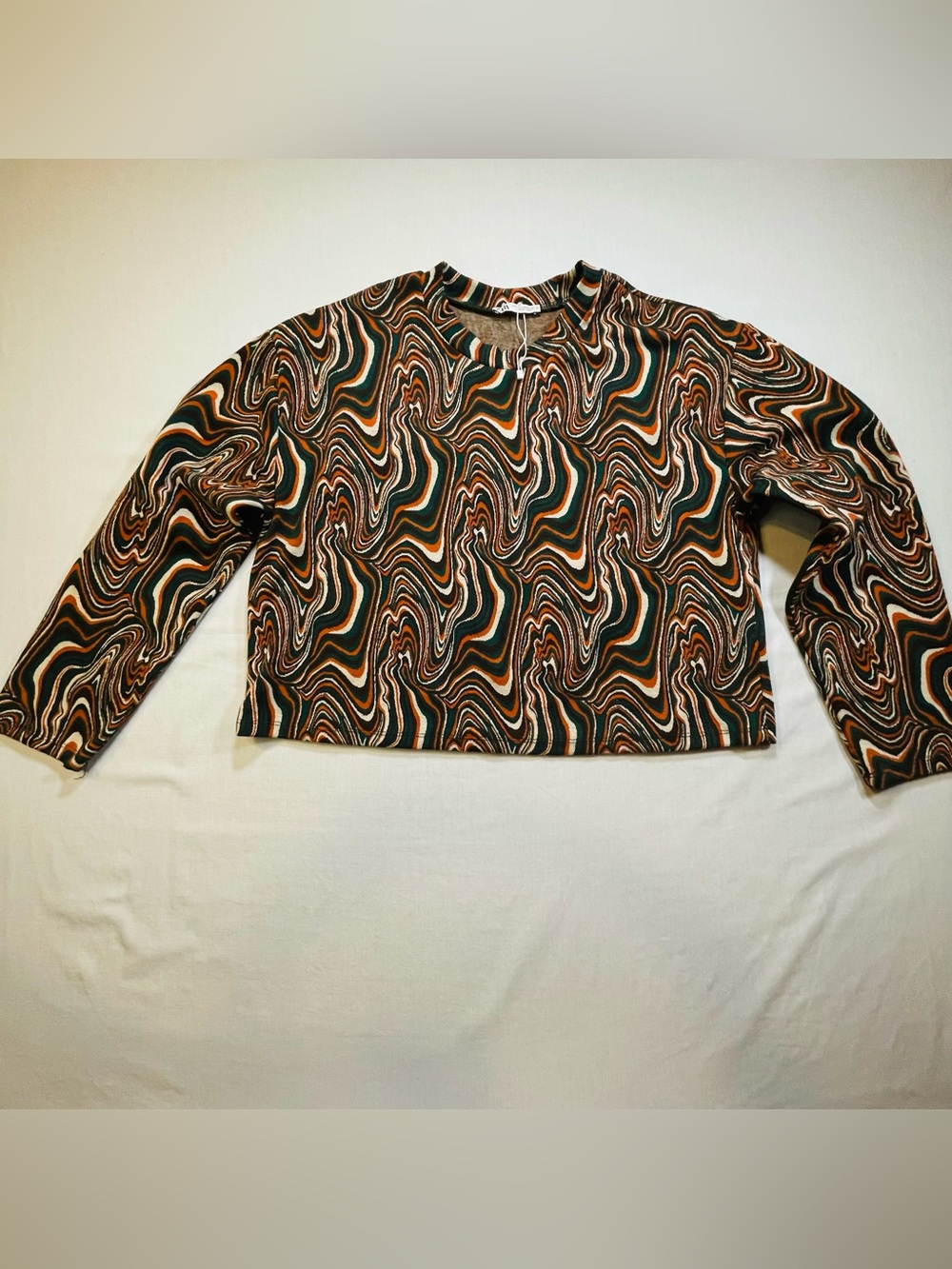 Zara Womens M Cropped Jacquard Sweater Retro Swirl Groovy Hippie Long Sleeve EUC